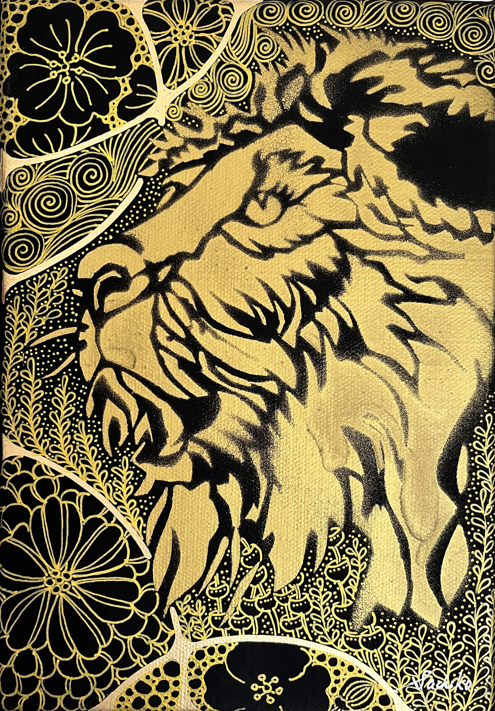 金線画×ステンシルアートシリーズ「眼差し」Lion ver.