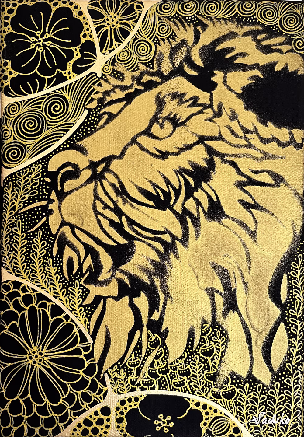 金線画×ステンシルアートシリーズ「眼差し」Lion ver.